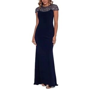 Betsy Adam Navy Embellished Shoulder Evening Gown